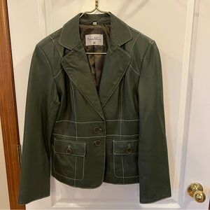 Pamela McCoy Vintage Dark Olive Green/White Stitching Genuine Leather Jacket